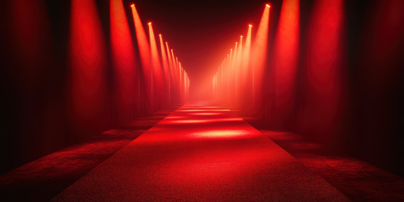 Bright red lights illuminate an empty runway in an artistic lighting display during a nighttime event
